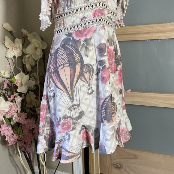 Perfect Way Floral Romantic Mini Dress Elegant W/Pearly Beads Woman Size M - Picture 6 of 12